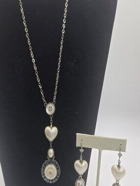 Ivory Toned Pearly Heart and Rhinestone Pendant Necklace & Earring Set Handmade